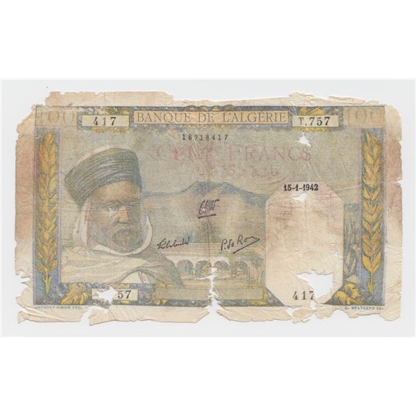1942 Algeria 100 Francs Note
