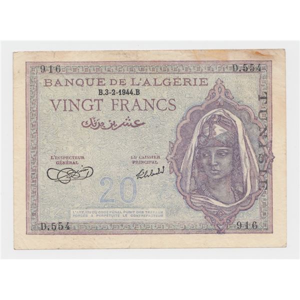 1944 Algeria 20 Francs Note