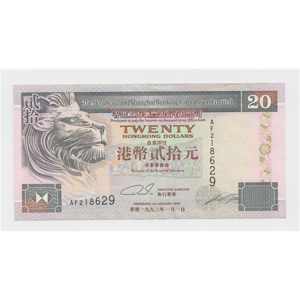 1993 China Hong Kong 20 Dollars Note