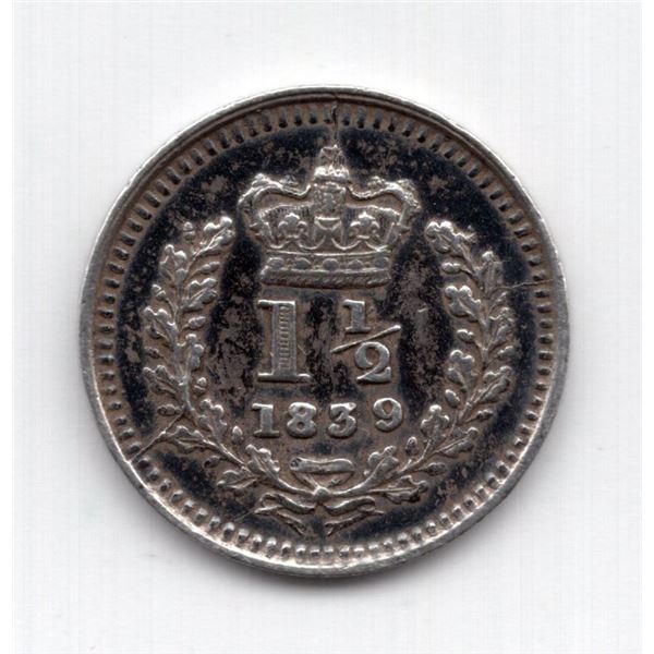 1839 Great Britain 1 1/2 Pence Silver Coin