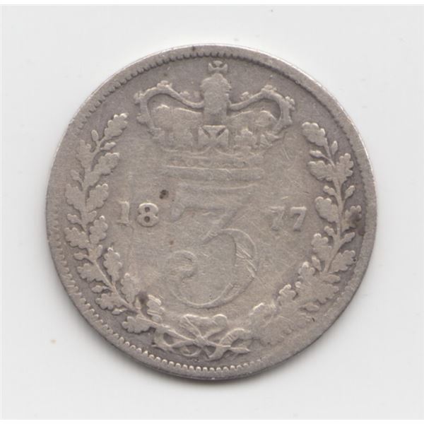 1877 Great Britain 3 Pence Silver Coin