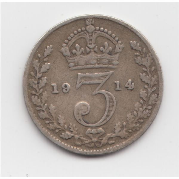 1914 Great Britain 3 Pence Silver Coin