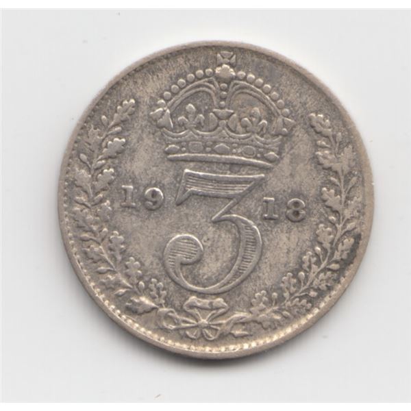 1918 Great Britain 3 Pence Silver Coin