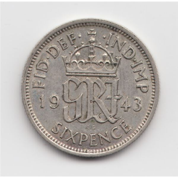 1943 Great Britain Sixpence Silver Coin