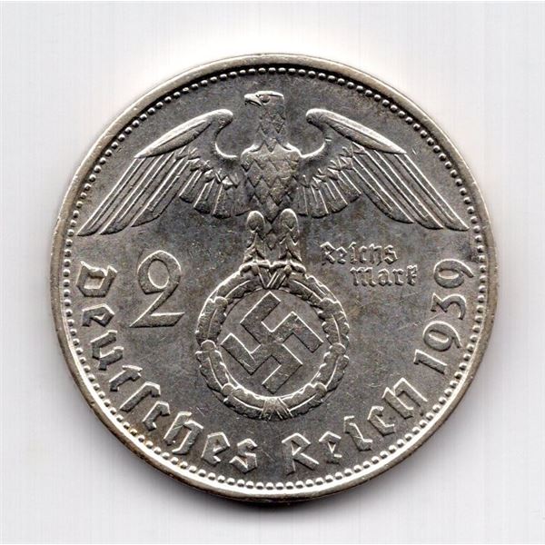 1939 B Germany 2 Mark Silver Coin