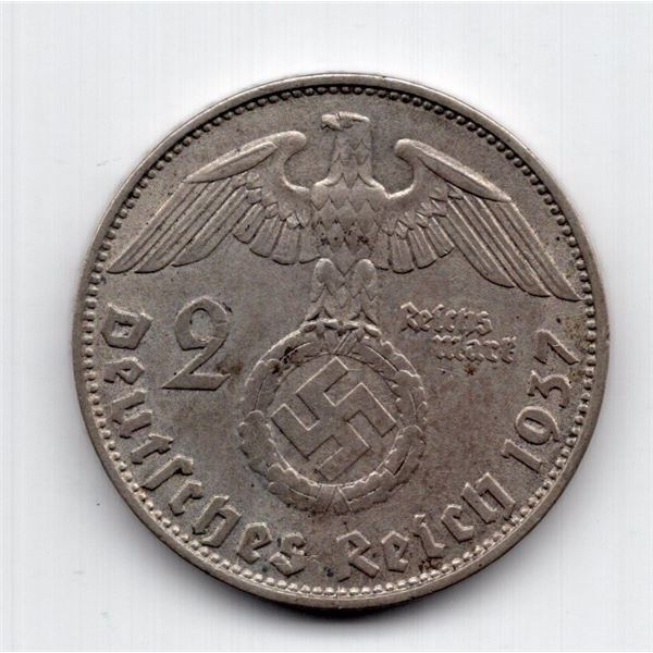 1937 D Germany 2 Mark Silver Coin