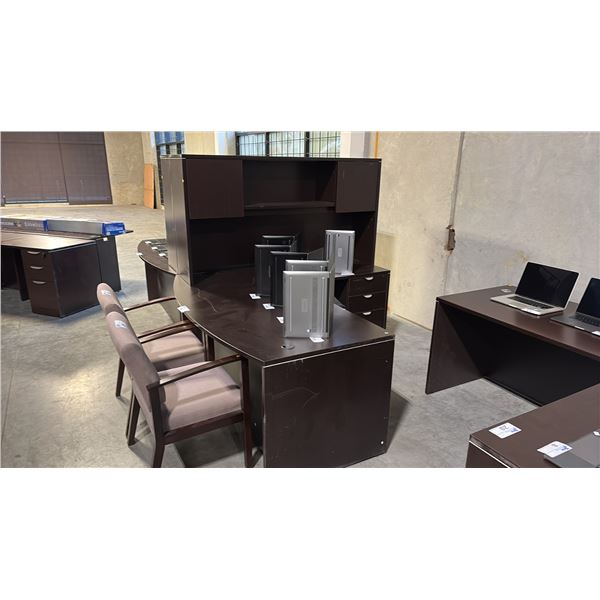 DARK WOOD BOW FRONT 6' X 6' LH EXECUTIVE L-SHAPE DESK W/ HUTCH