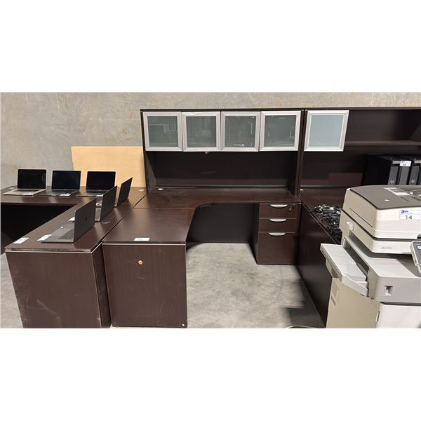 DARK WOOD EXECUTIVE 66" X 66" CORNER DESK W/ HUTCH