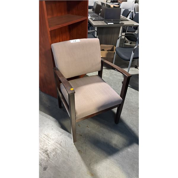 TAUPE WOOD FRAME CLIENT CHAIR