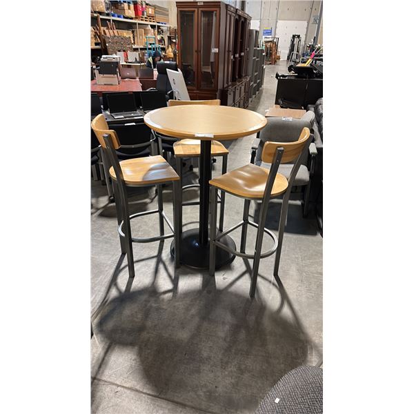 MAPLE BAR HEIGHT TABLE AND 3 WOOD BACK BAR STOOL SET