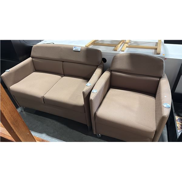BROWN LOVE SEAT AND AN ARM CHAIR
