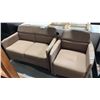 BROWN LOVE SEAT AND AN ARM CHAIR