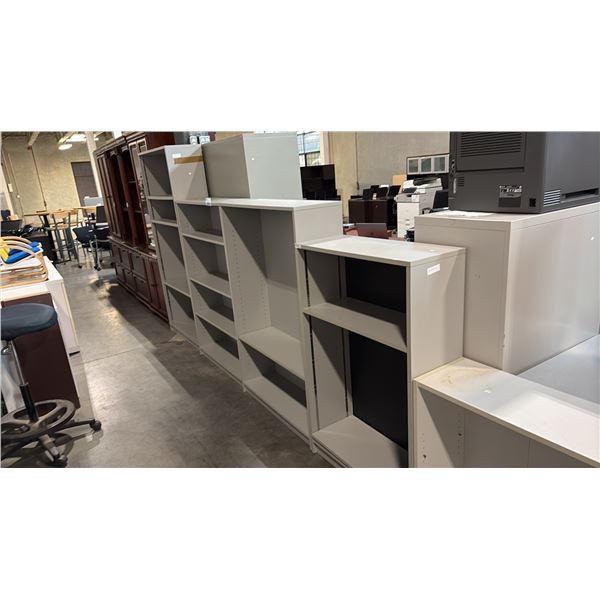 5 GREY ASSORTED BOOK SHELVES, MUST TAKE ALL