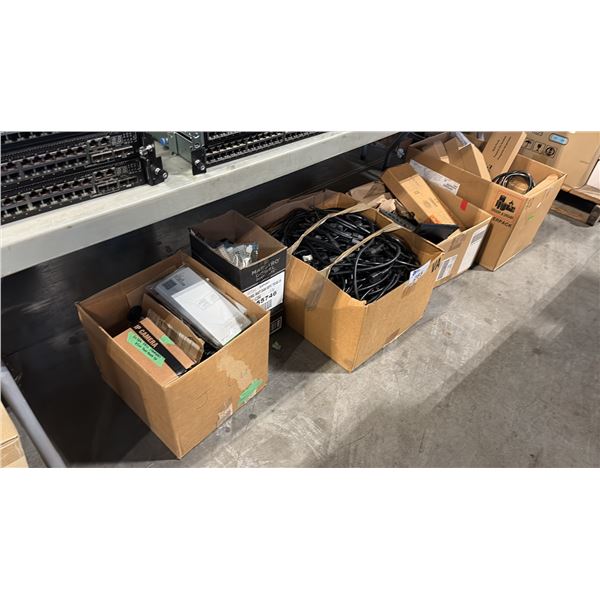 SHELF LOT OF MISC ITEMS INCL 3 PRONG POWER CABLE EXTENSIONS AND MORE