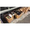 SHELF LOT OF MISC ITEMS INCL 3 PRONG POWER CABLE EXTENSIONS AND MORE