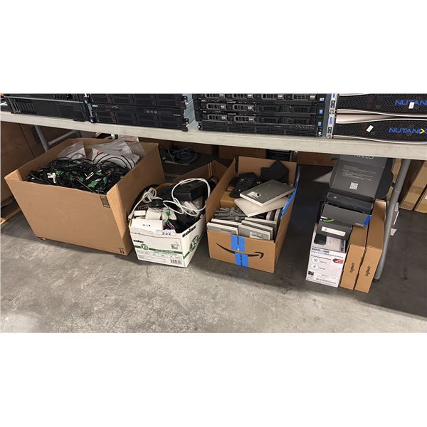 SHELF LOT MISC ITEMS INCL NETWORK CABLES, PC PERIPHERALS CARD SLOTS, DELL K16A DOCKS, CISCO MERAKI