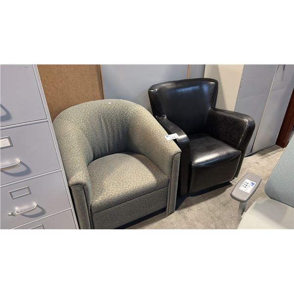 A GREEN PATTERN CHAIR AND FAUX LEATHER ARM CHAIR