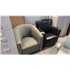 A GREEN PATTERN CHAIR AND FAUX LEATHER ARM CHAIR