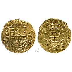 Seville, Spain, cob 4 escudos, Philip II, S-Gothic D to left, choice specimen on a HUGE flan.