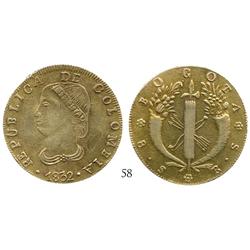 Bogota, Colombia, 8 escudos, 1832RS, contemporary counterfeit struck in gold-plated platinum.
