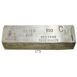 Silver brick, 100 oz troy, 99.9% fine, stamped USS CONSTITUTION.