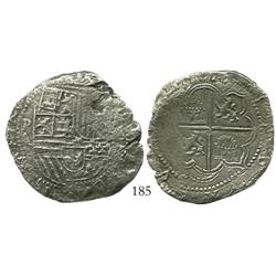 Potosi, Bolivia, cob 8 reales, Philip II, assayer A, Grade 2.