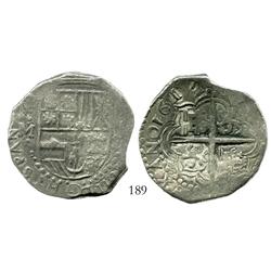 Potosi, Bolivia, cob 8 reales, 1617M, choice full date, rotated castles in cross, Grade 1.