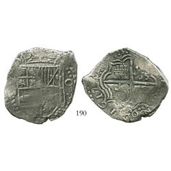 Potosi, Bolivia, cob 8 reales, 1617M, bold date at 7 o'clock, denomination as O-III-V, Grade 1.