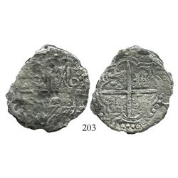 Potosi, Bolivia, cob 8 reales, Philip III, assayer not visible, quadrants of cross transposed, Grade