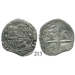 Potosi, Bolivia, cob 2 reales, Philip II, assayer B (4th period), Grade 1.