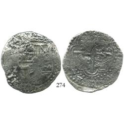 Potosi, Bolivia, cob 8 reales, (16)49Z, with crowned-L countermark on cross side.