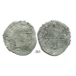 Potosi, Bolivia, cob 8 reales, 1651E (full date), with crowned-O countermark (scarce) on cross side.