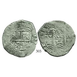Potosi, Bolivia, cob 8 reales, 1654E, P(H) at top.