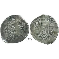Potosi, Bolivia, cob 8 reales, 1656E, PH at top.
