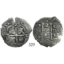 Potosi, Bolivia, cob 2 reales, 1672E.