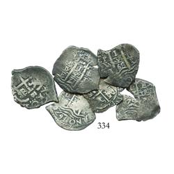 Lot of 6 Potosi, Bolivia, cob 1R of Charles II, assayer E (dated 1668, 1670, 1671, 1673, 1674 and 16