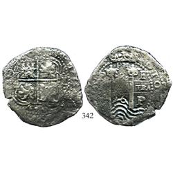 Potosi, Bolivia, cob 8 reales, 1656E, PH at top.