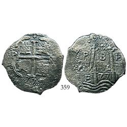 Potosi, Bolivia, cob 8 reales, 1677E.