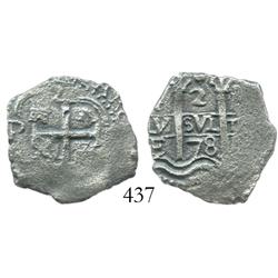 Potosi, Bolivia, cob 2 reales, 1678E.