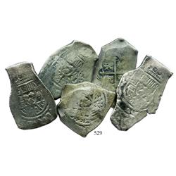 Lot of 5 Mexico City, Mexico, cob 8 reales, Philip V, assayer J where visible, nice quality.