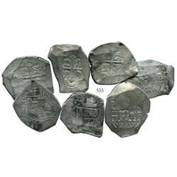 Lot of 7 Mexico City, Mexico, cob 8 reales, Philip V, assayer J where visible, good quality.