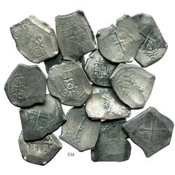 Lot of 15 Mexico City, Mexico, cob 8 reales, Philip V, assayer J where visible, average quality.