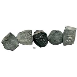 Lot of 5 Mexico City, Mexico, cob 4 reales, Philip V, assayer J where visible, nice quality.