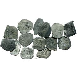 Lot of 14 Mexico City, Mexico, cob 4 reales, Philip V, assayer J where visible, average quality.