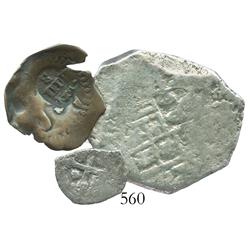Lot of 3 miscellaneous cobs: Mexico, 8R, Philip V; Mexico, 1/2R, Philip V; Spain, copper 4M, Philip 