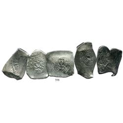 Lot of 5 Mexico City, Mexico, cob 8 reales, Philip V, assayer R where visible, average specimens.