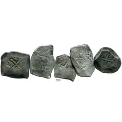 Lot of 5 Mexico City, Mexico, cob 8 reales, Philip V, assayer R where visible, average specimens.
