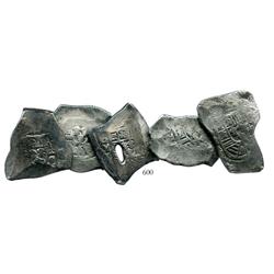 Lot of 5 Mexico City, Mexico, cob 8 reales, Philip V, assayers not visible, average specimens.