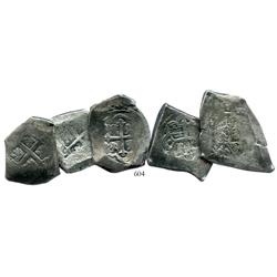Lot of 5 Mexico City, Mexico, cob 8 reales, Philip V, assayer R where visible, average specimens.