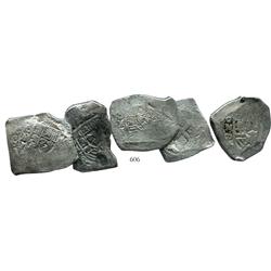 Lot of 5 Mexico City, Mexico, cob 8 reales, Philip V, assayers J, D and F, average specimens.